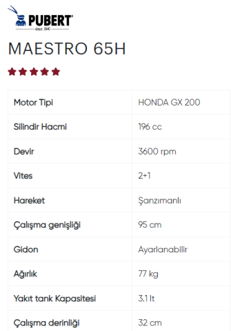 PUBERT MAESTRO 65H GX200 HONDA BENZİNLİ ÇAPA MAKİNESİ