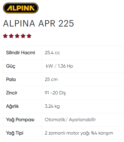 ALPINA APR 225 BENZİNLİ BUDAMA TESTERESİ