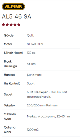 ALPINA AL5 46 SA ST140 BENZİNLİ ÇİM BİÇME MAKİNESİ