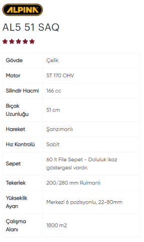 ALPINA AL5 51 SAQ - ST170 BENZİNLİ	ÇİM BİÇME MAKİNASI