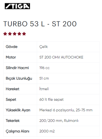 STIGA TURBO 53 L-ST 200 OHV BENZİNLİ ÇIM BIÇME MAKİNASI