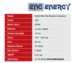 ENERGY BMS-20006 Akülü Budama Testeresi 500W 20V