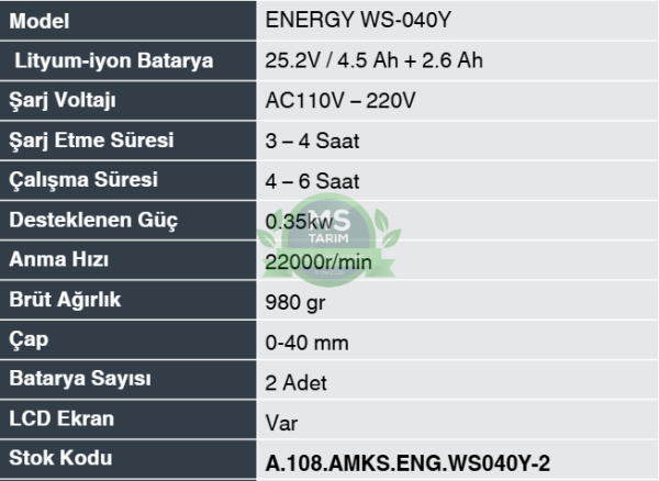 ENERGY WS-040Y ÇİFT AKÜLÜ BUDAMA MAKASI