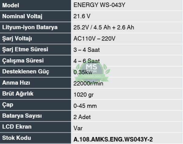 ENERGY WS-043Y ÇİFT AKÜLÜ BUDAMA MAKASI