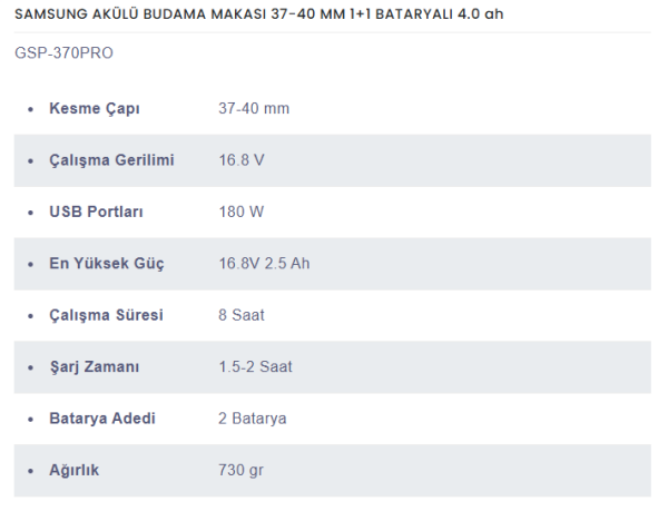 SAMSUNG POWER GSP-370PRO AKÜLÜ BUDAMA MAKASI