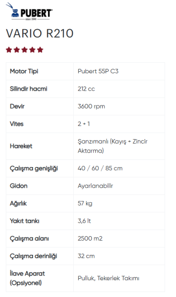 PUBERT VARIO 55P C3 R210 BENZİNLİ ÇAPA MAKİNESİ